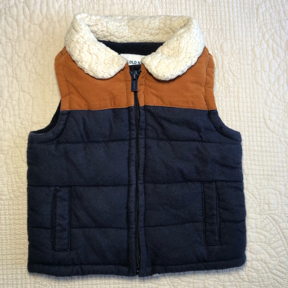 OLD NAVY  Kids Toddler Blue and Tan Vest with Sherpa Collar Size 18-24 months